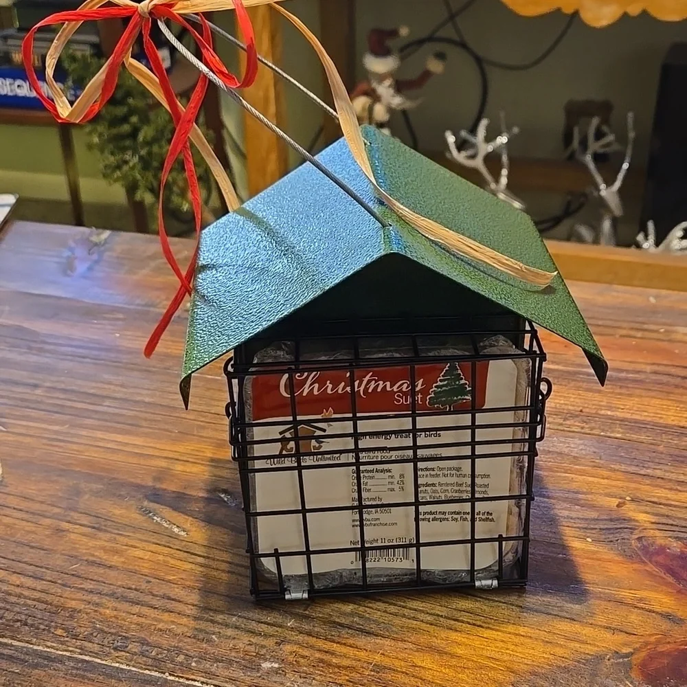 Green and Black Bird Feeder with Red Ribbon & Bird Suet New